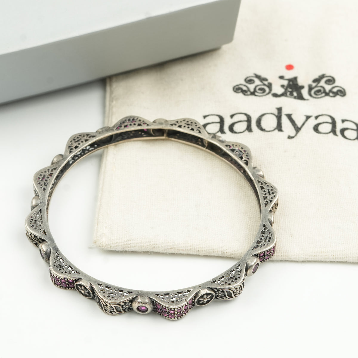 Oxidised Silver Filigree Bangle with Pink Stones