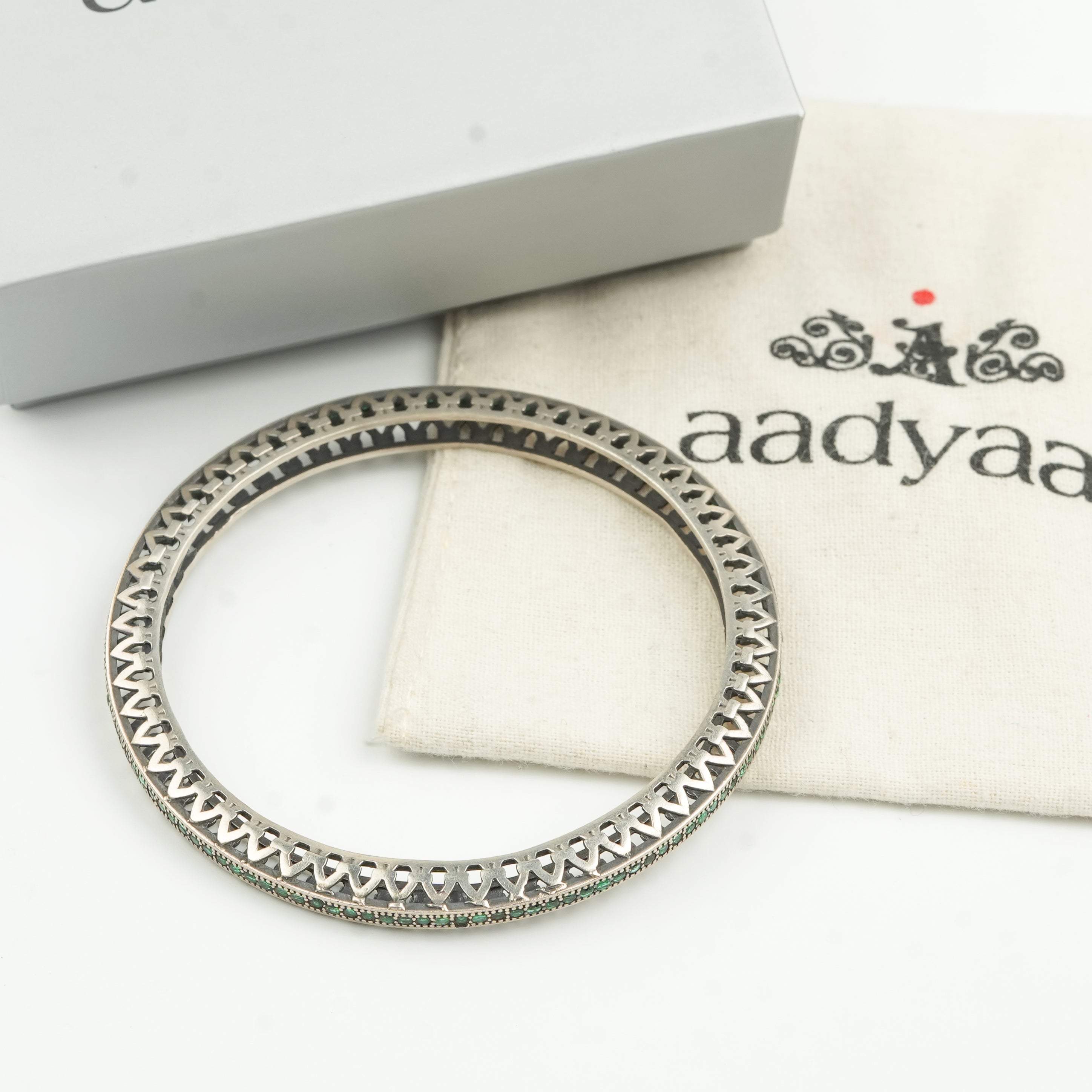 Oxidised Silver Filigree Bangle with Green Stones
