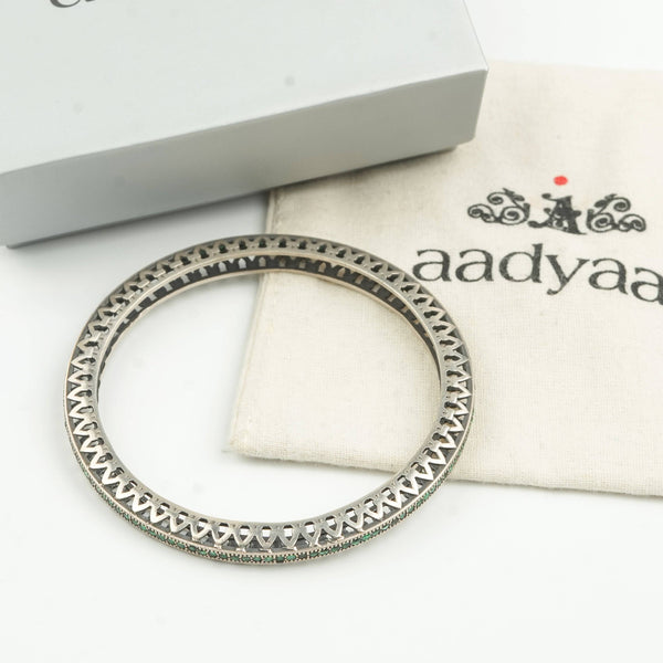 Oxidised Silver Filigree Bangle with Green Stones