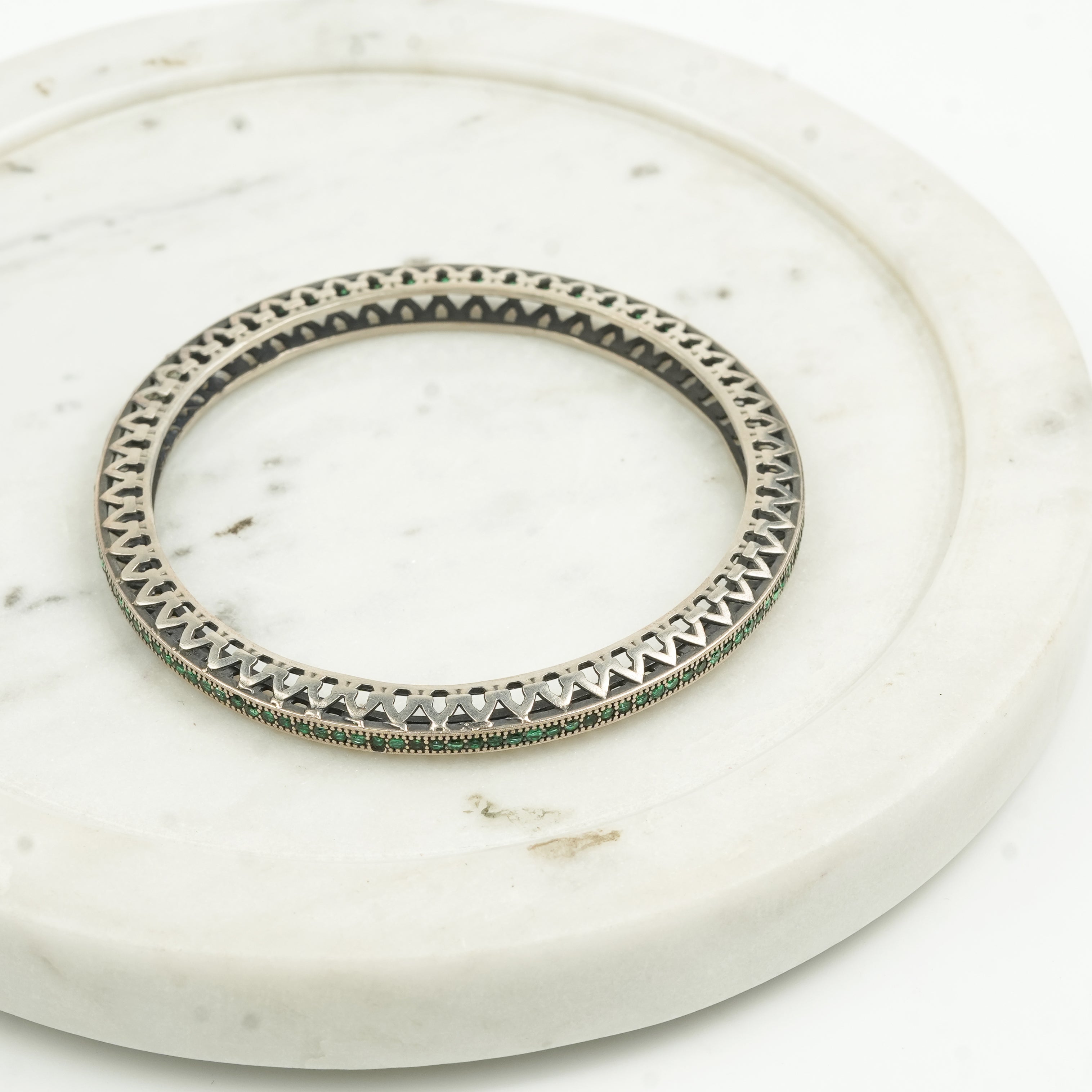 Oxidised Silver Filigree Bangle with Green Stones