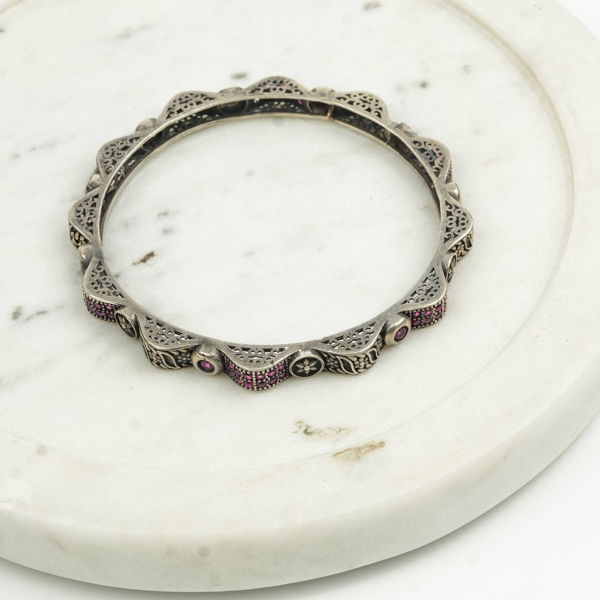 Oxidised Silver Filigree Bangle with Pink Stones