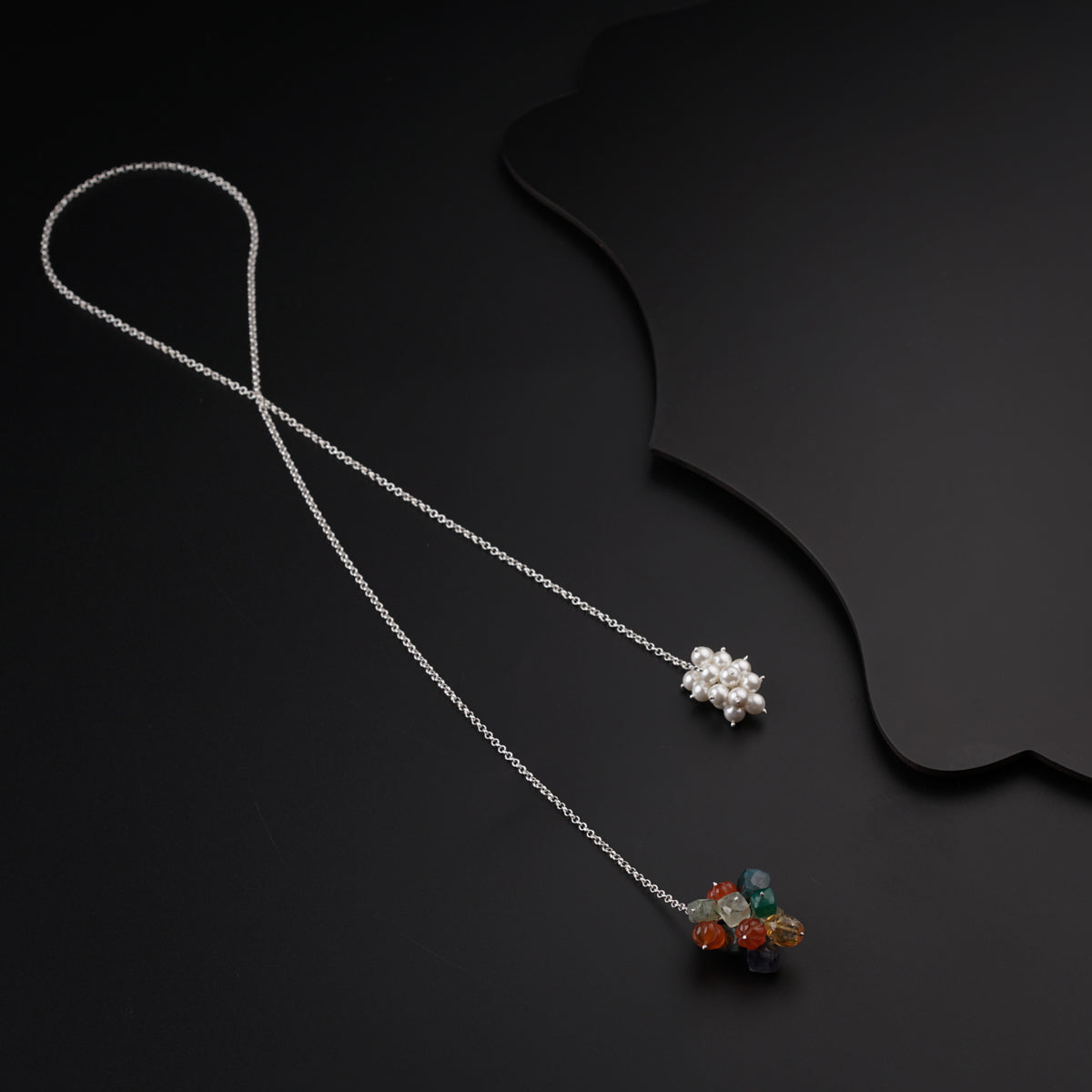 Silver Tie & Wear Necklace with Pearls and Semi Precious Stones