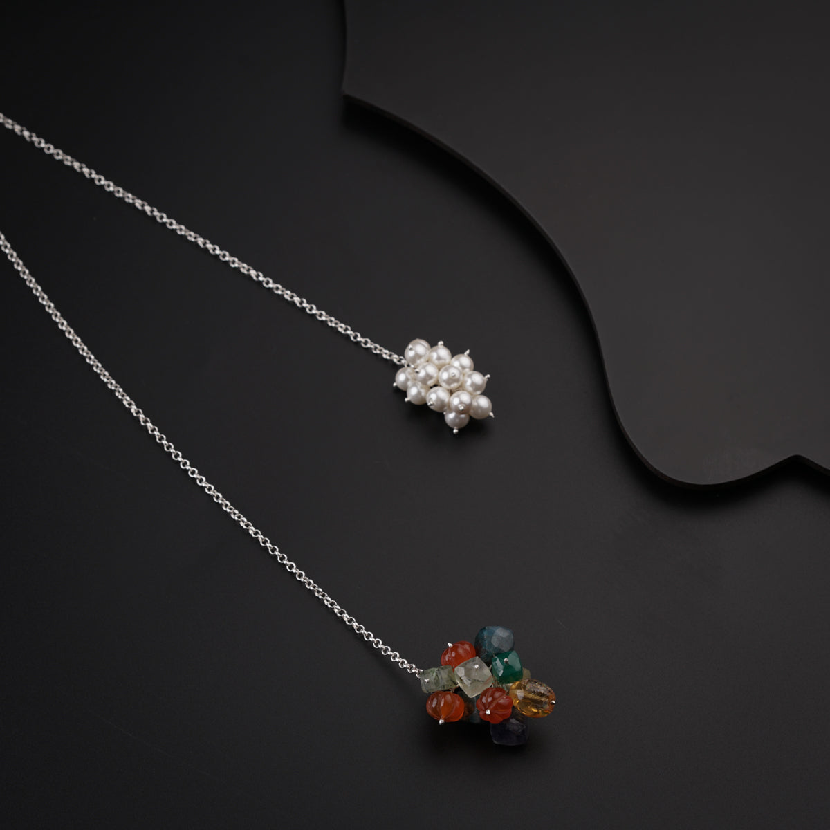 Silver Tie & Wear Necklace with Pearls and Semi Precious Stones