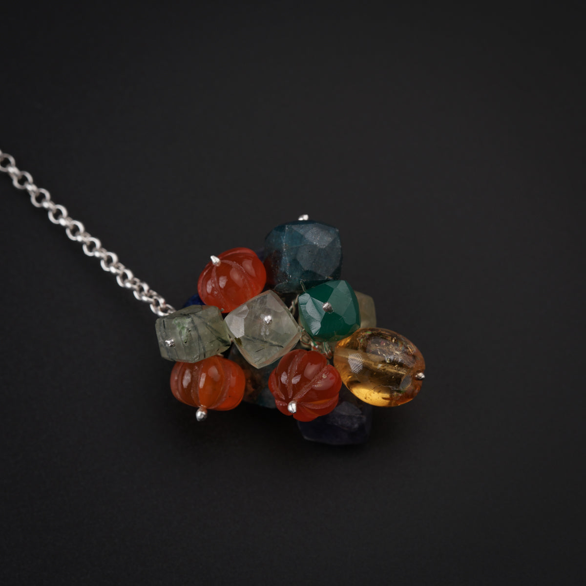 Silver Tie & Wear Necklace with Pearls and Semi Precious Stones