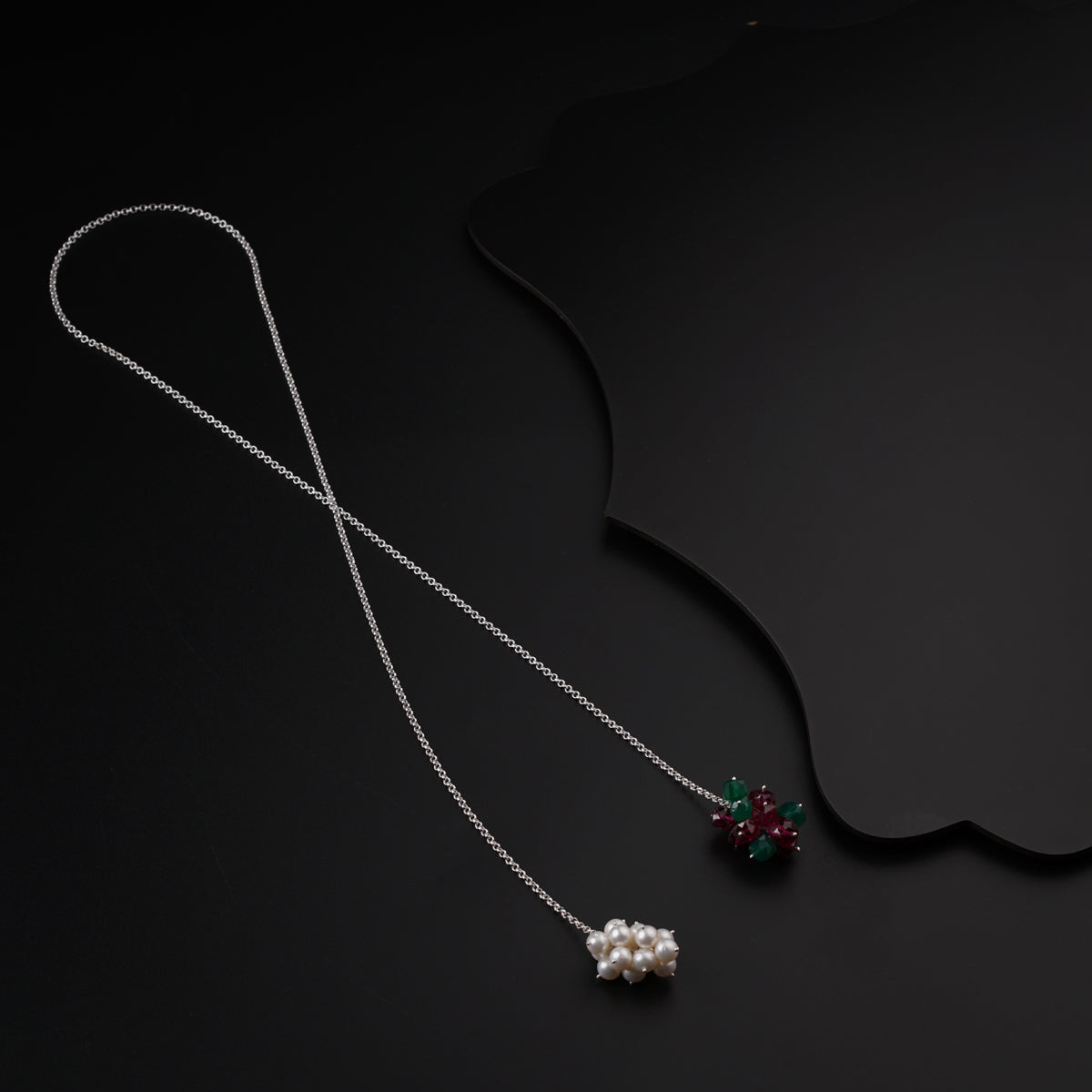 Silver Tie & Wear Necklace with Pearls and Semi Precious Stones