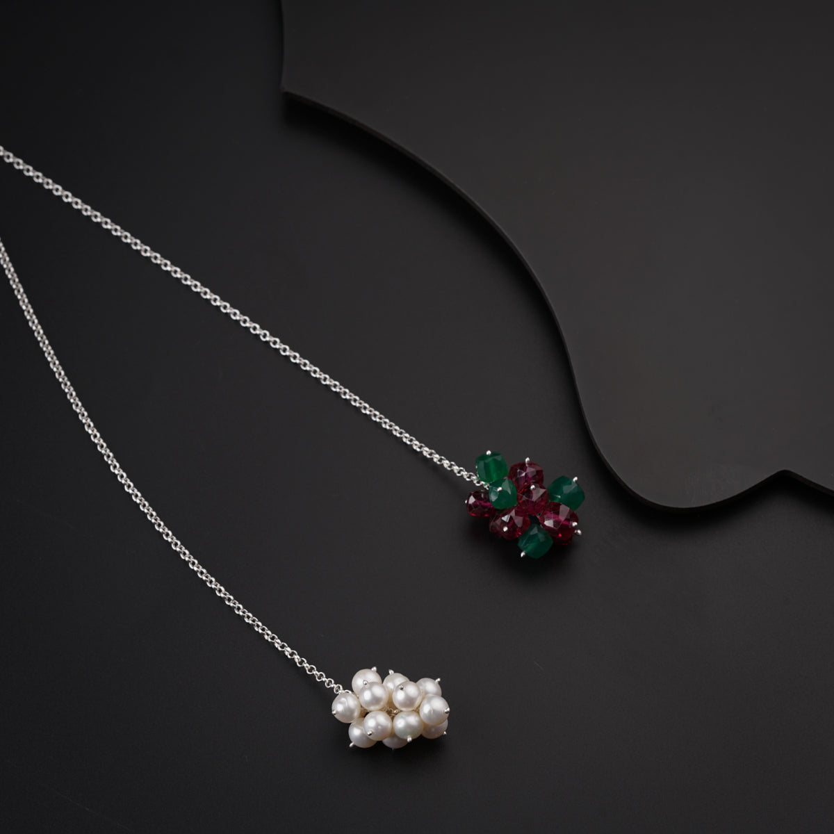 Silver Tie & Wear Necklace with Pearls and Semi Precious Stones