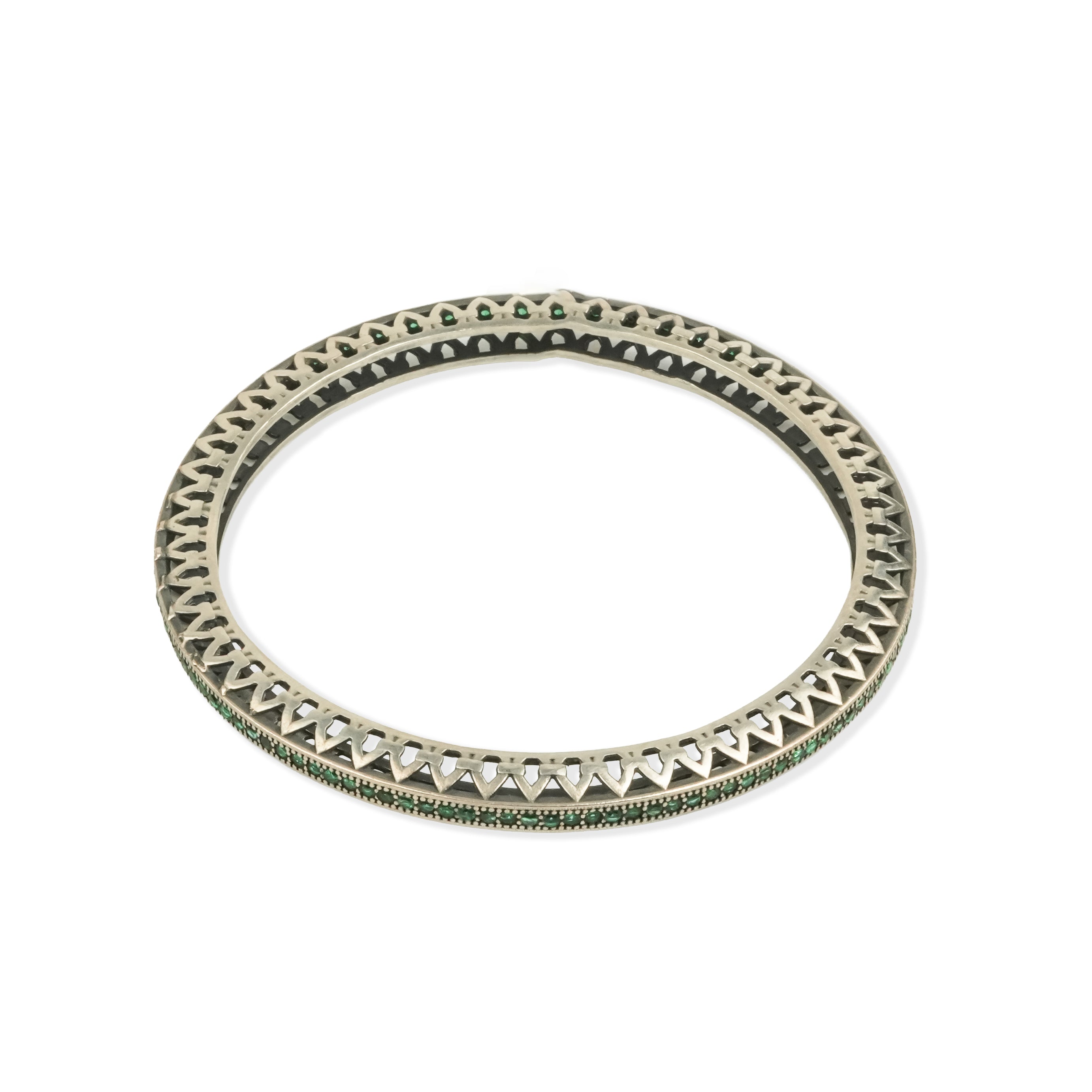 Oxidised Silver Filigree Bangle with Green Stones