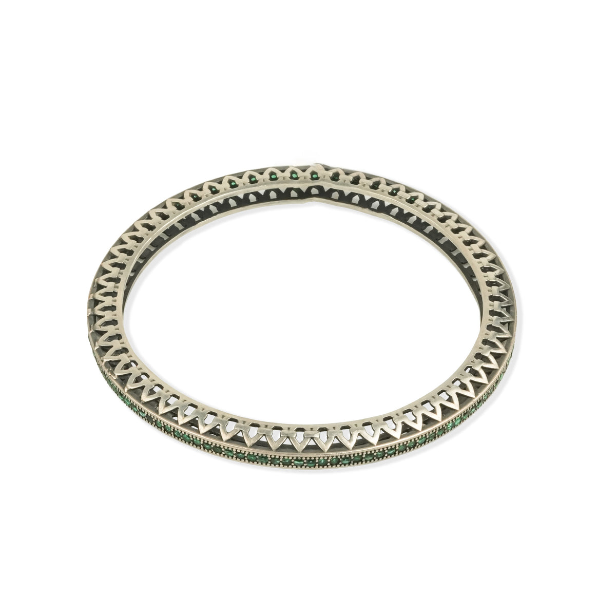 Oxidised Silver Filigree Bangle with Green Stones
