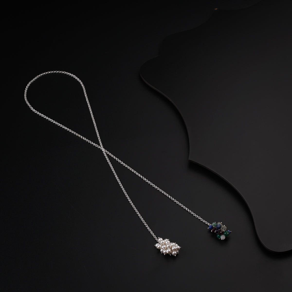 Silver Tie & Wear Necklace with Pearls & Semi Precious Stones