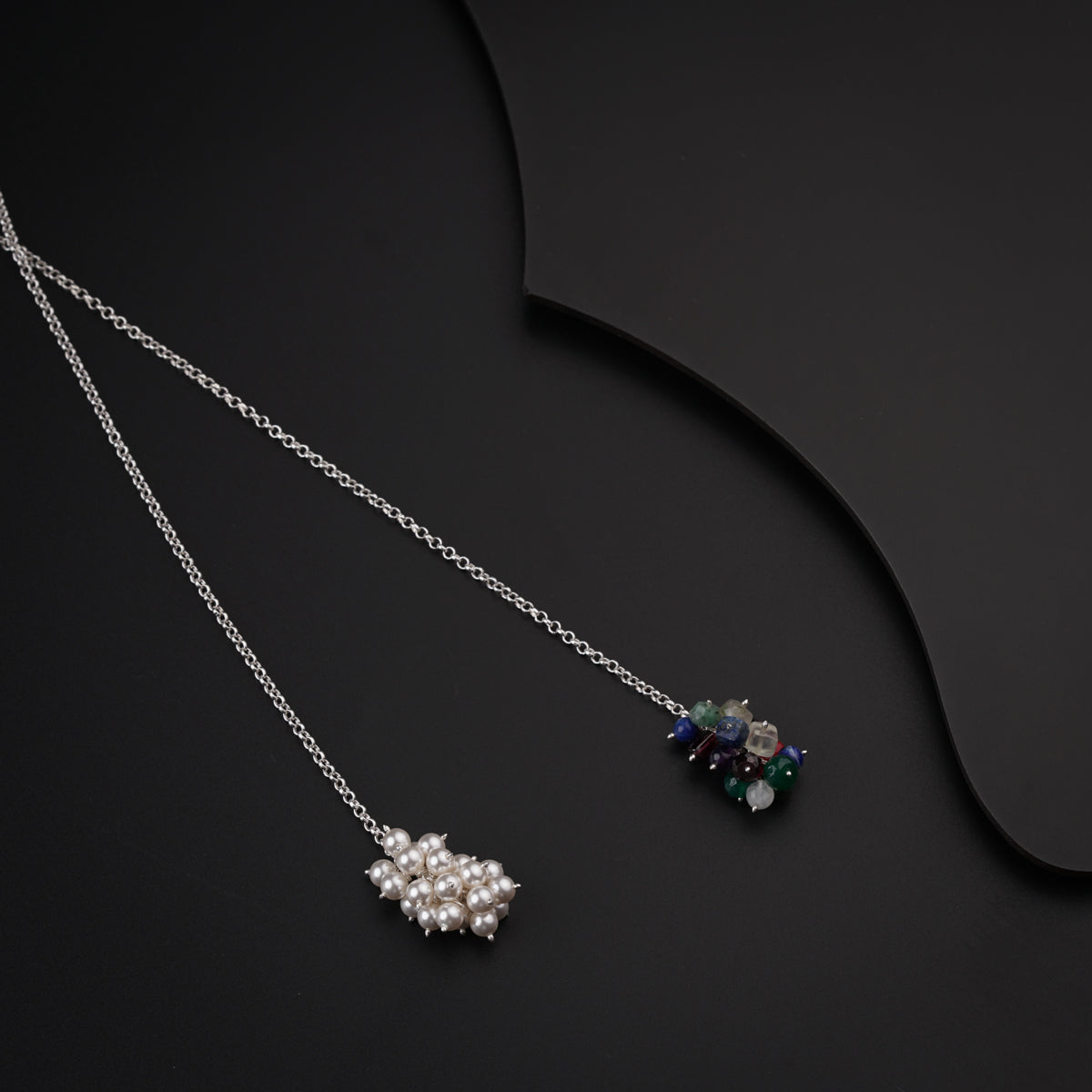 Silver Tie & Wear Necklace with Pearls and Semi Precious Stones