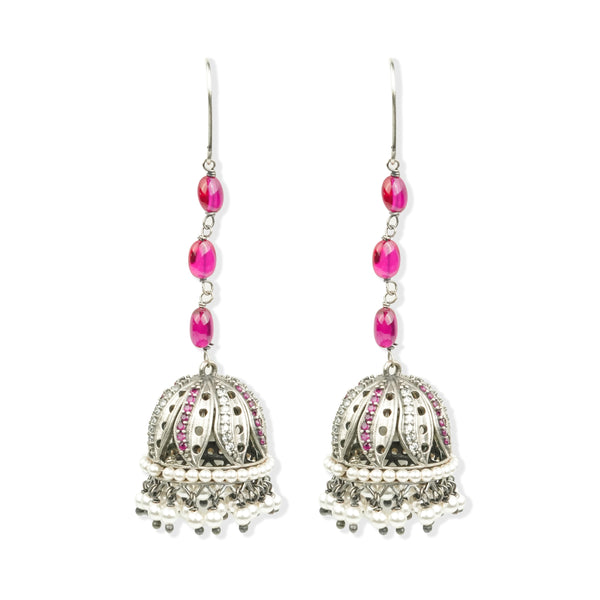 Oxidised Silver Petal Jhumki with CZ & Ruby Beads