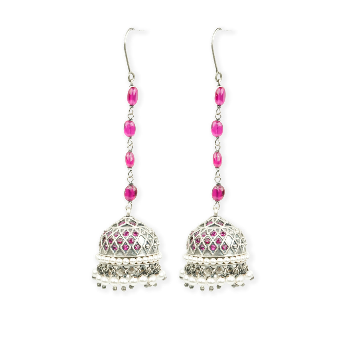 Oxidised Silver Filigree Jhumki with Ruby Beads