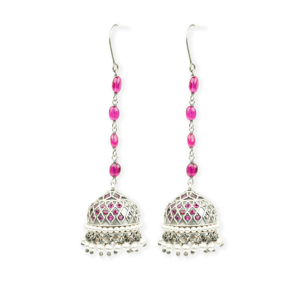 Oxidised Silver Filigree Jhumki with Ruby Beads