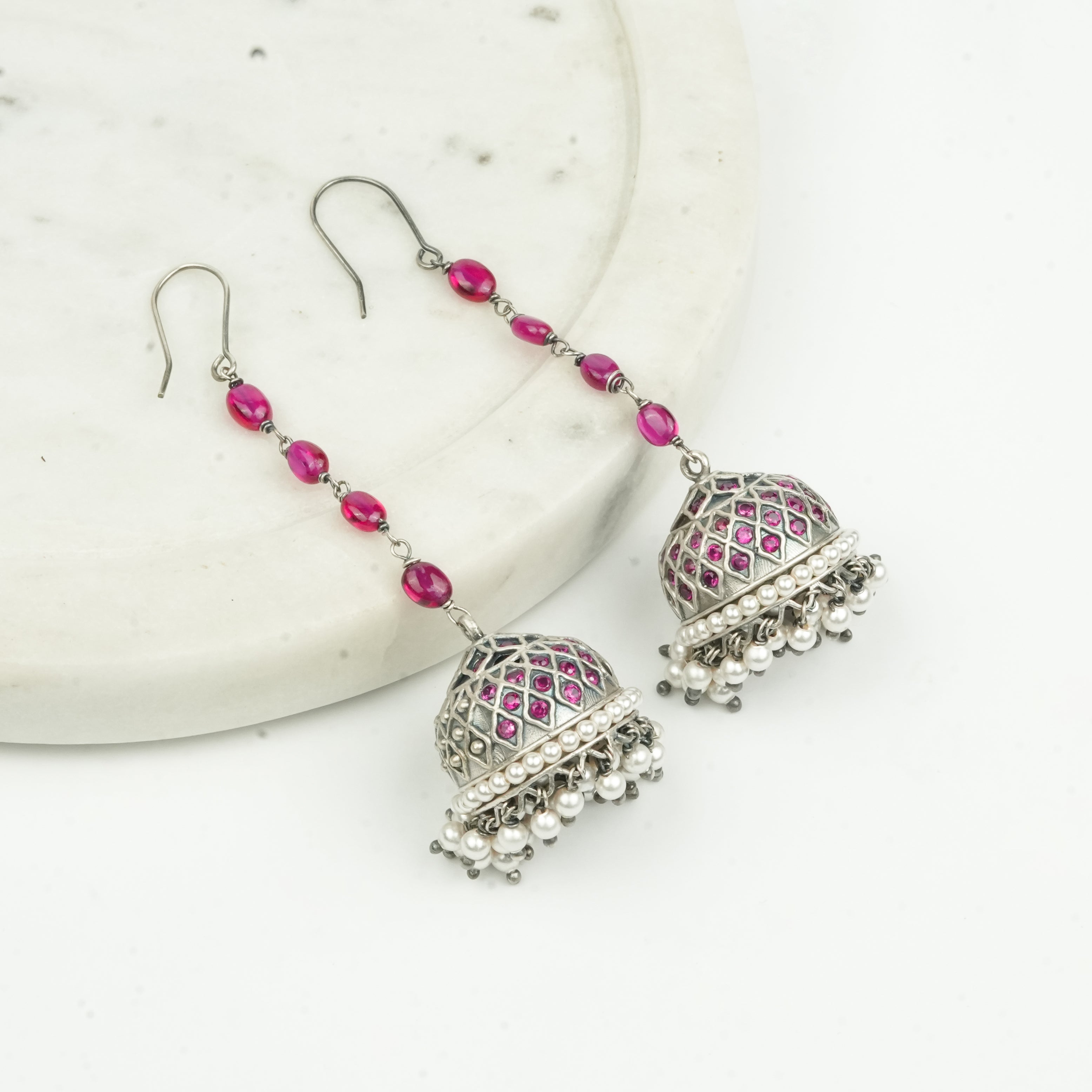 Oxidised Silver Filigree Jhumki with Ruby Beads