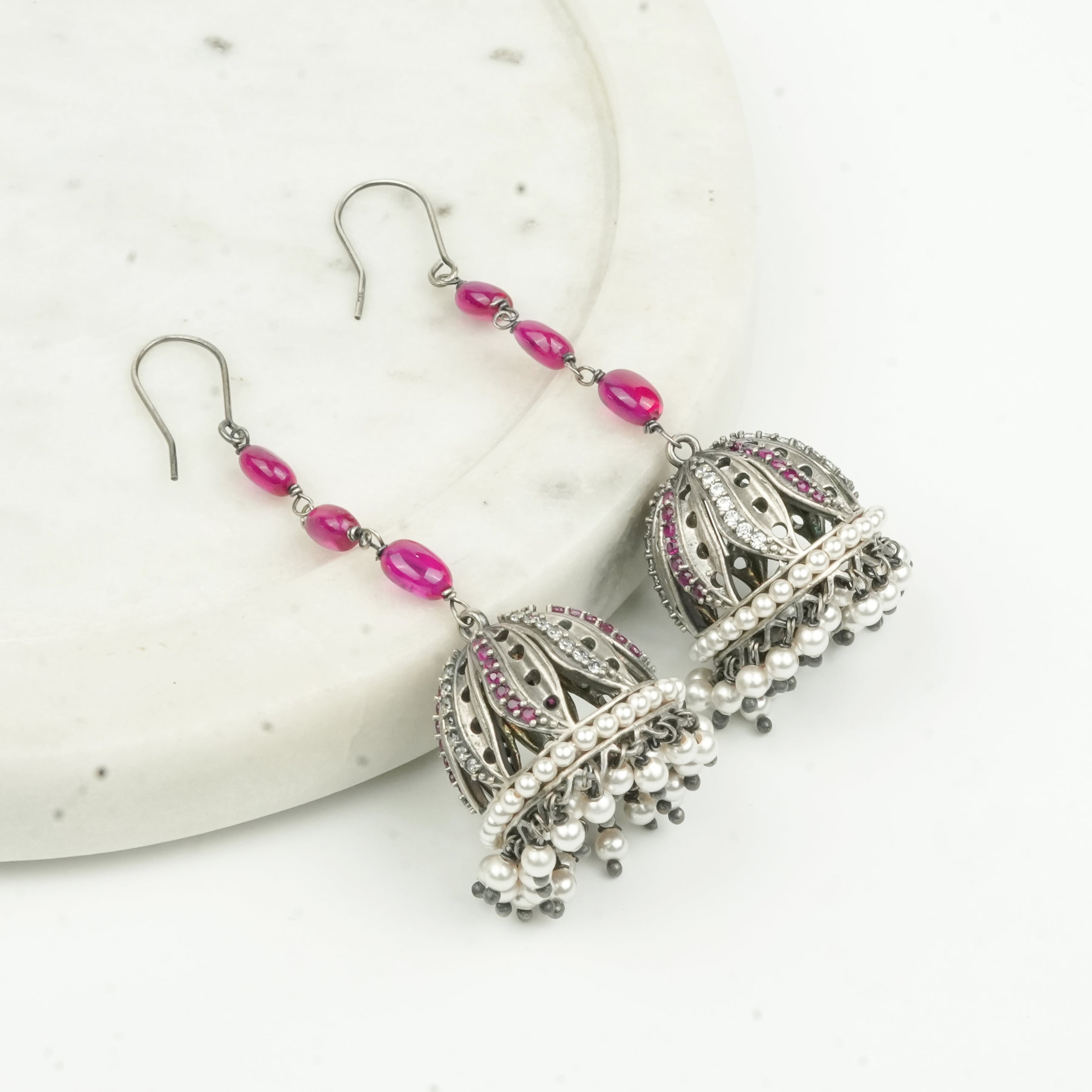 Oxidised Silver Petal Jhumki with CZ & Ruby Beads
