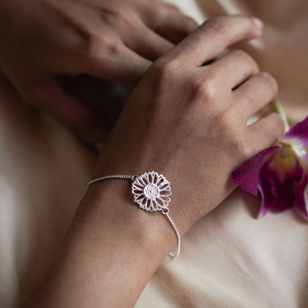 Silver Daisy Flower Bracelet on wrist