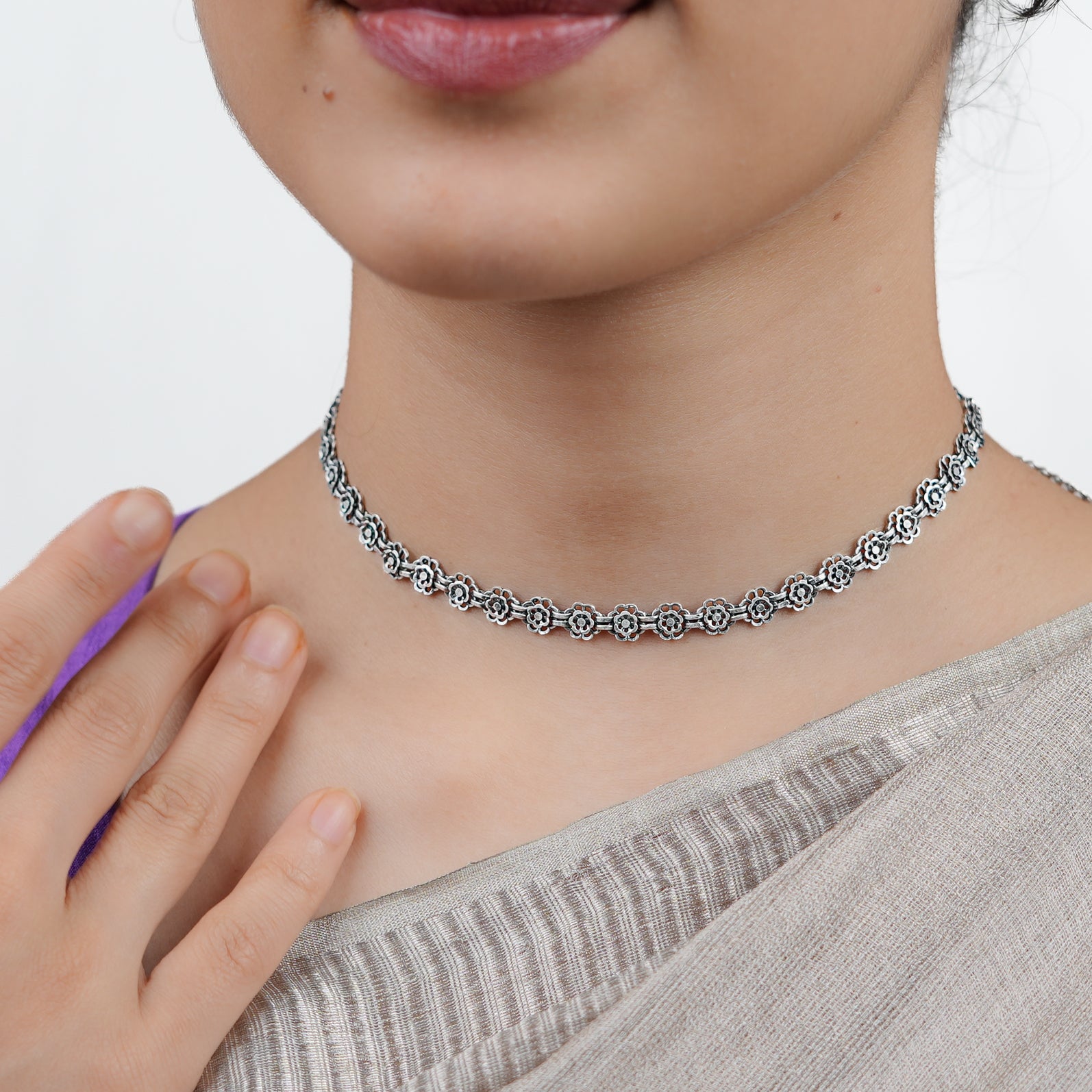 Oxidised Silver Bakul Chokar Necklace