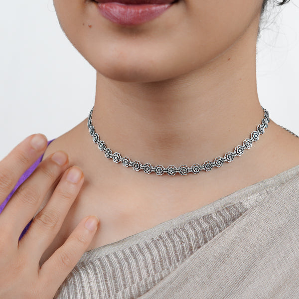 Oxidised Silver Bakul Chokar Necklace