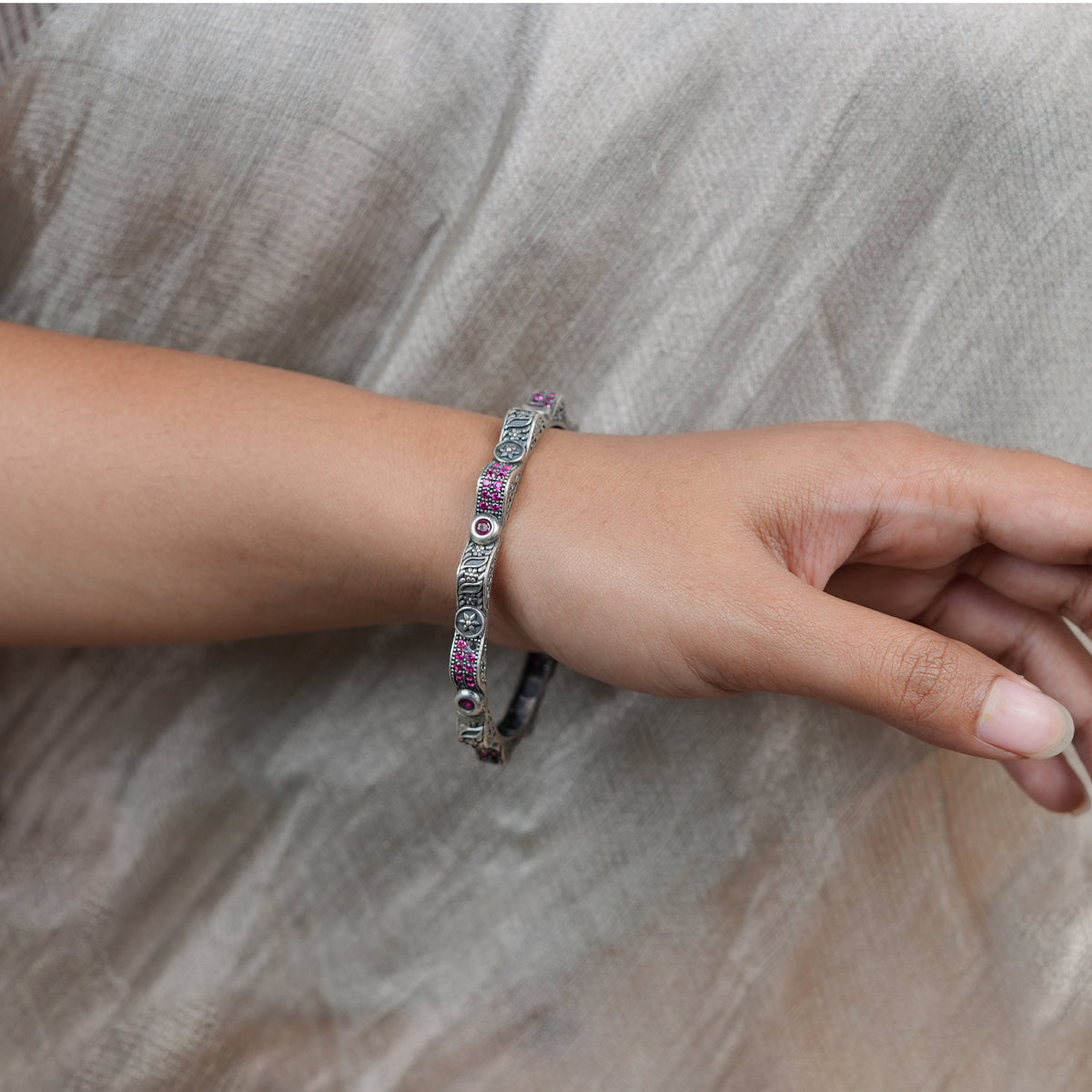 Oxidised Silver Filigree Bangle with Pink Stones