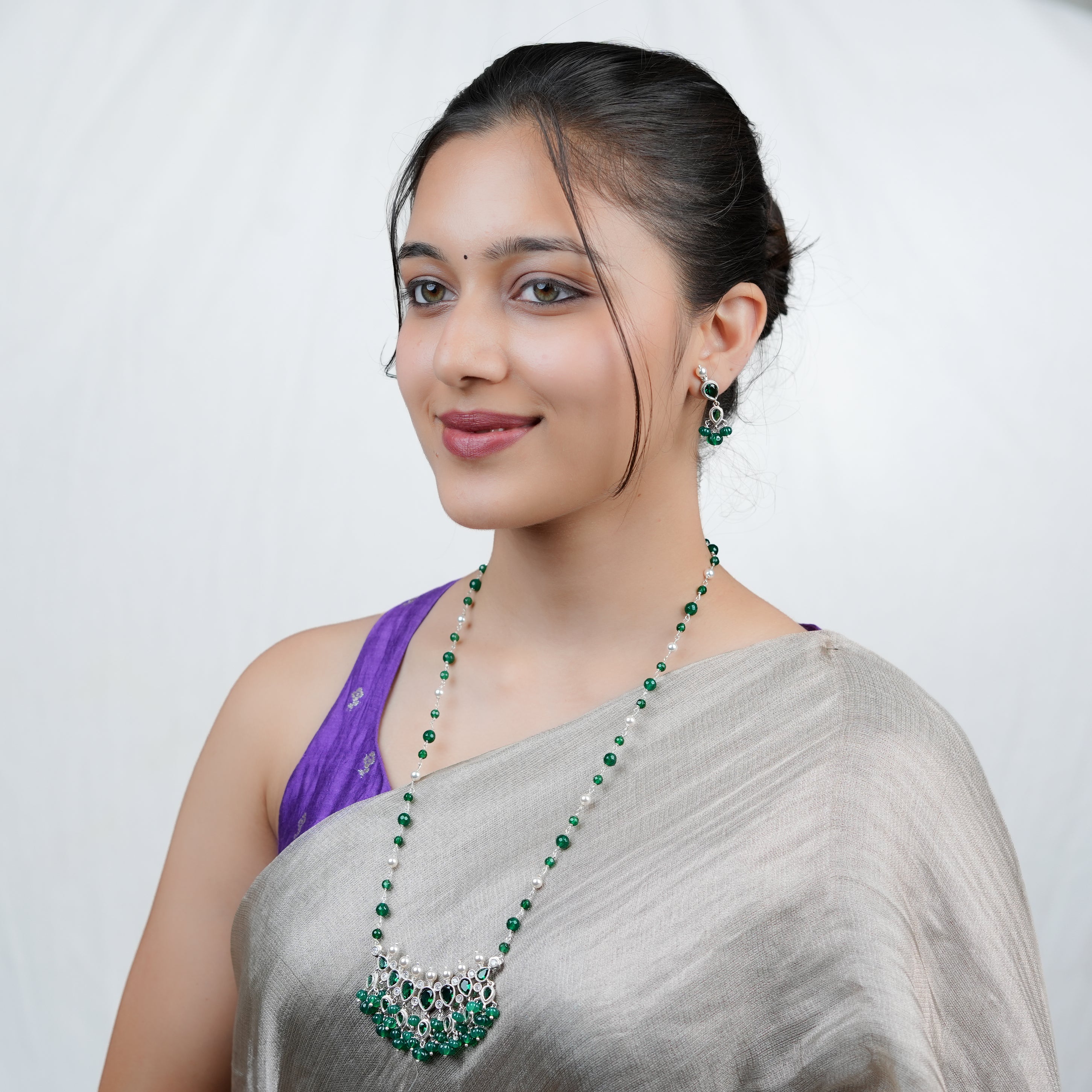 Silver CZ Tanmani Set with Green Onyx