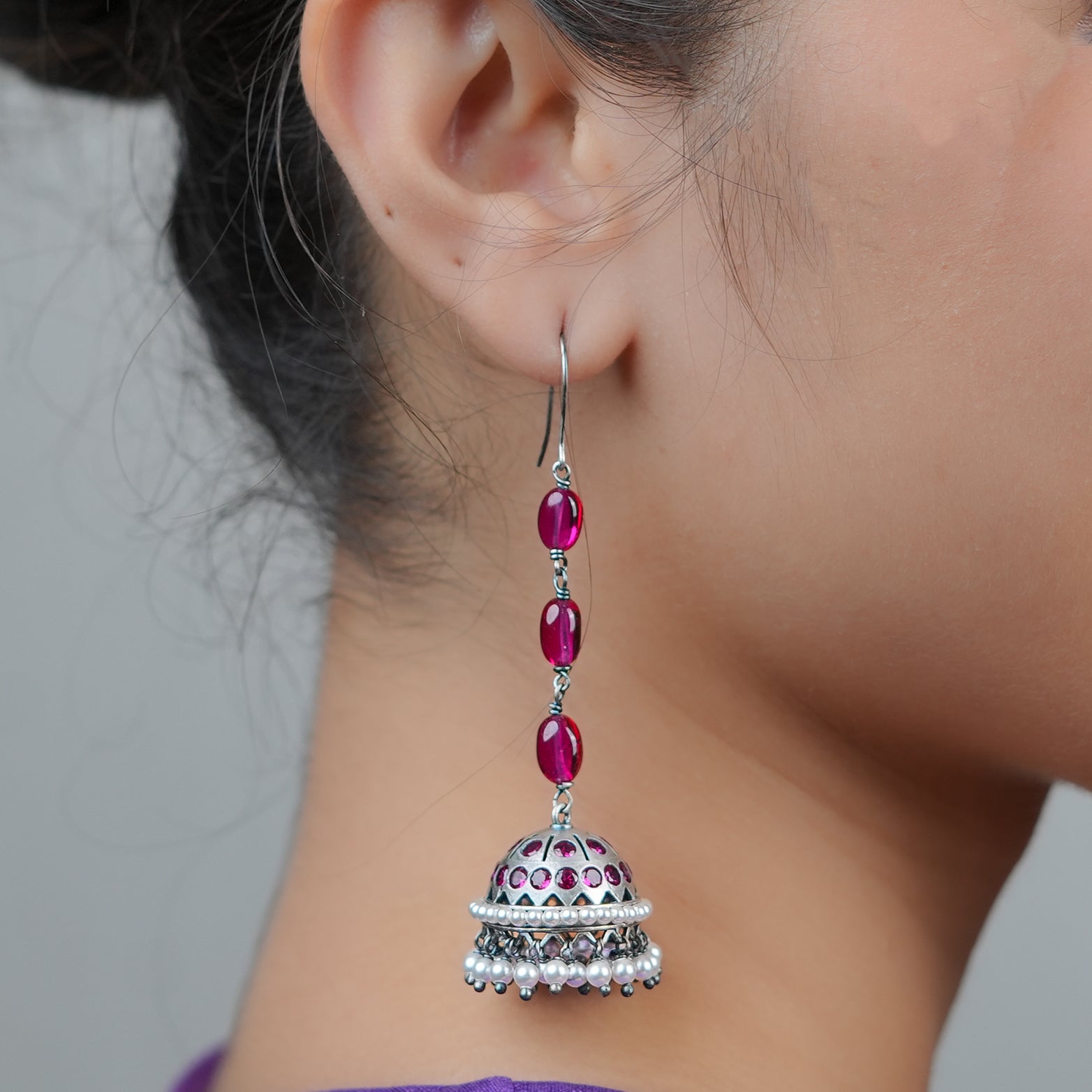 Oxidised Silver Jhumki with Ruby Beads