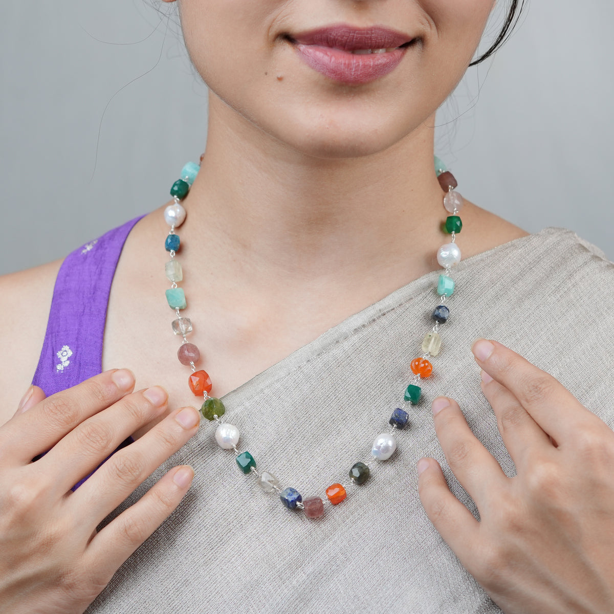 Multicolour Stone Ganthan Necklace with Baroque Pearls – 20 Inches