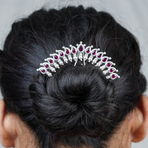 Silver Koyari Hairpin with Pink Stones & Pearls