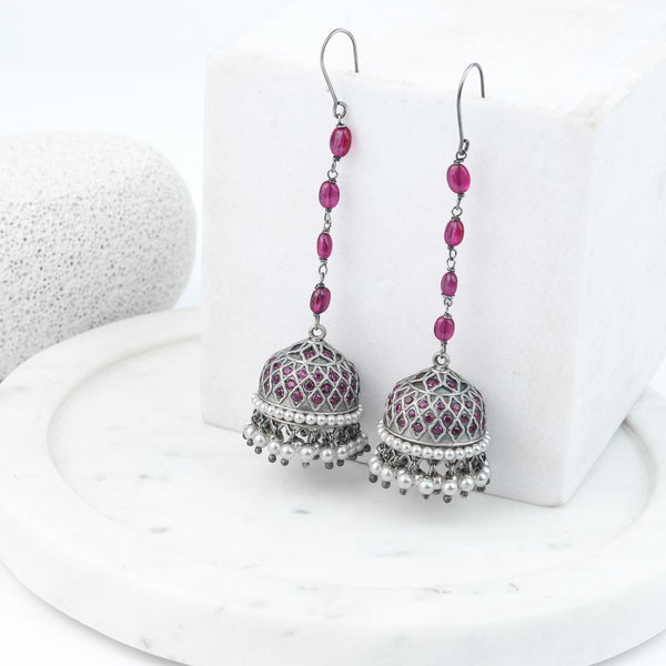Oxidised Silver Filigree Jhumki with Ruby Beads