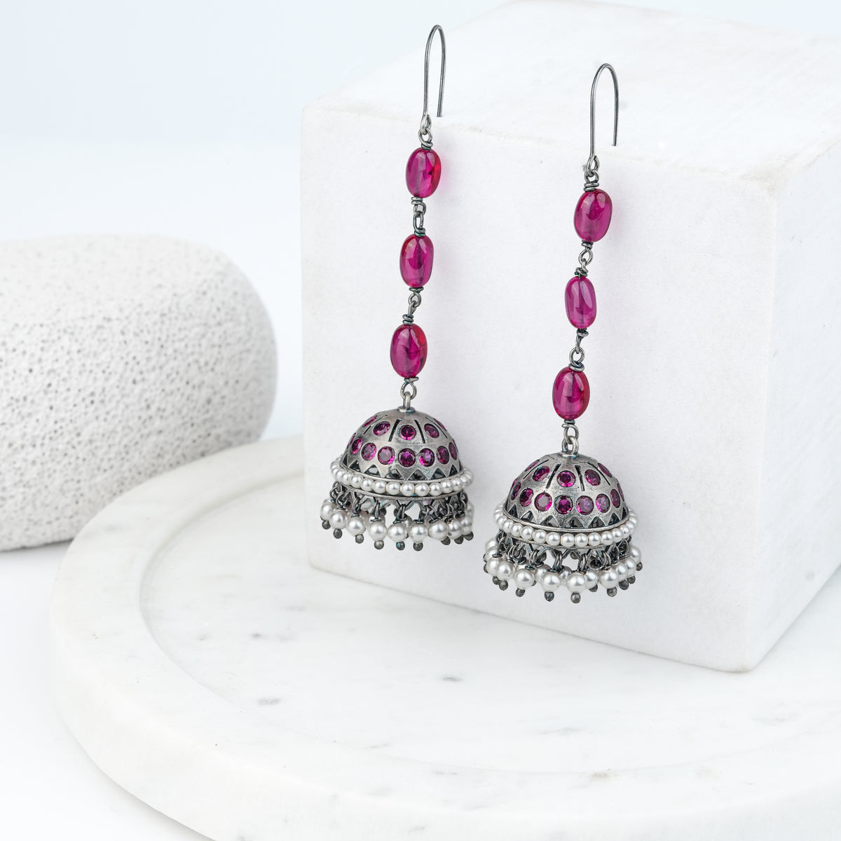 Oxidised Silver Jhumki with Ruby Beads
