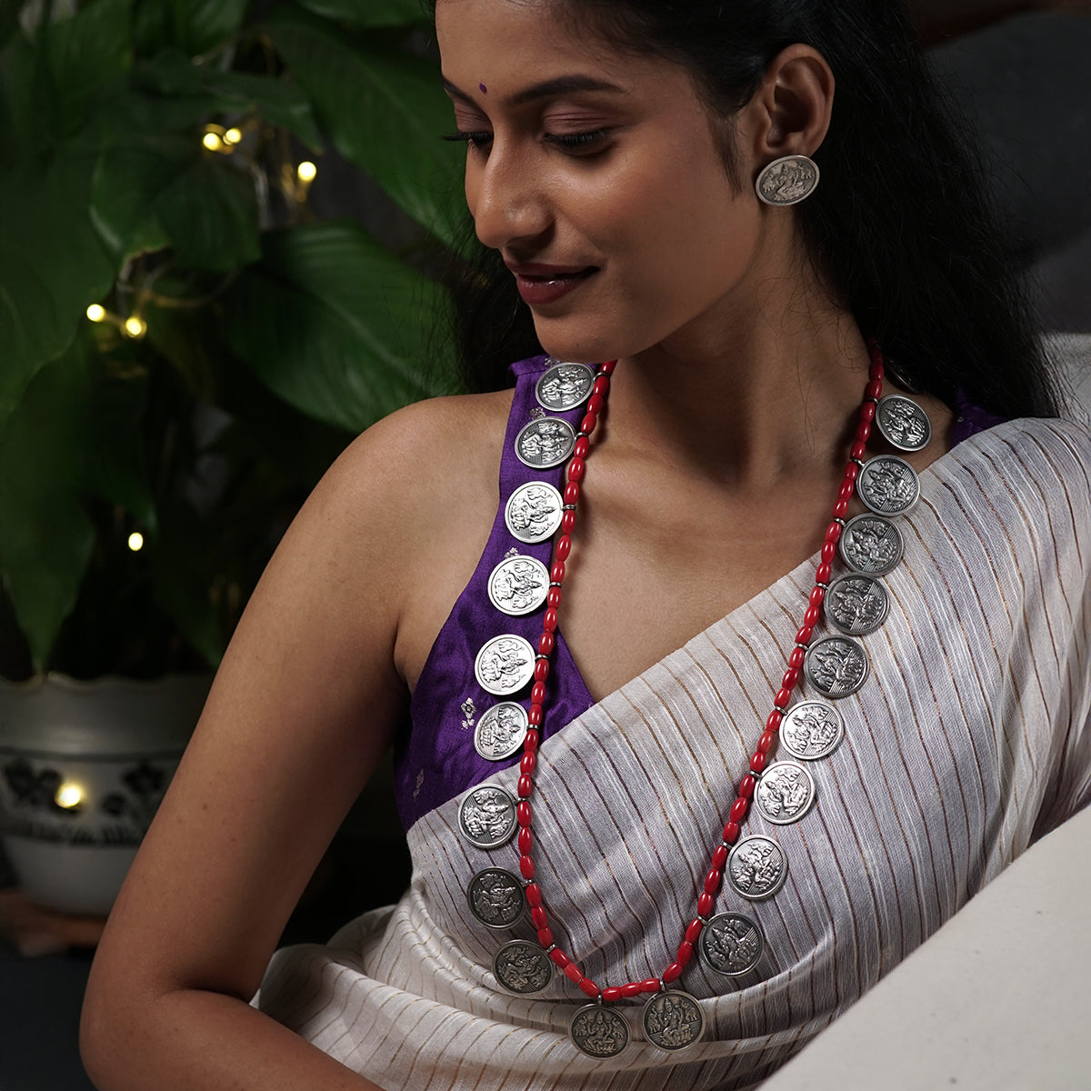 Coral Putali Coin Haar Set: Long ( Coin necklace ) | 92.5 Silver | Oxidised Finish