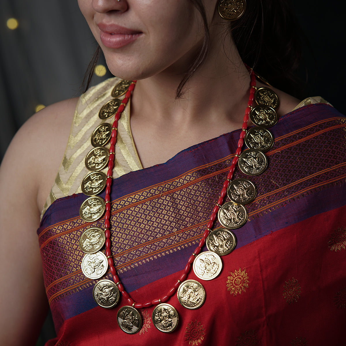Coral Putali (Coin ) Haar Set: Long ( Coin necklace ) | 92.5 Silver | 22K Gold Plated