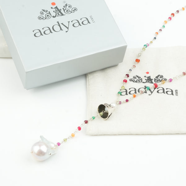 Baroque Pearl & Multicolor Stones Y Necklace (Project Handmade)