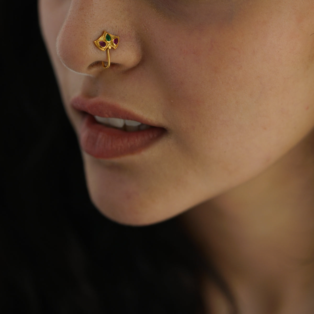 a close up of a person with a nose piercing