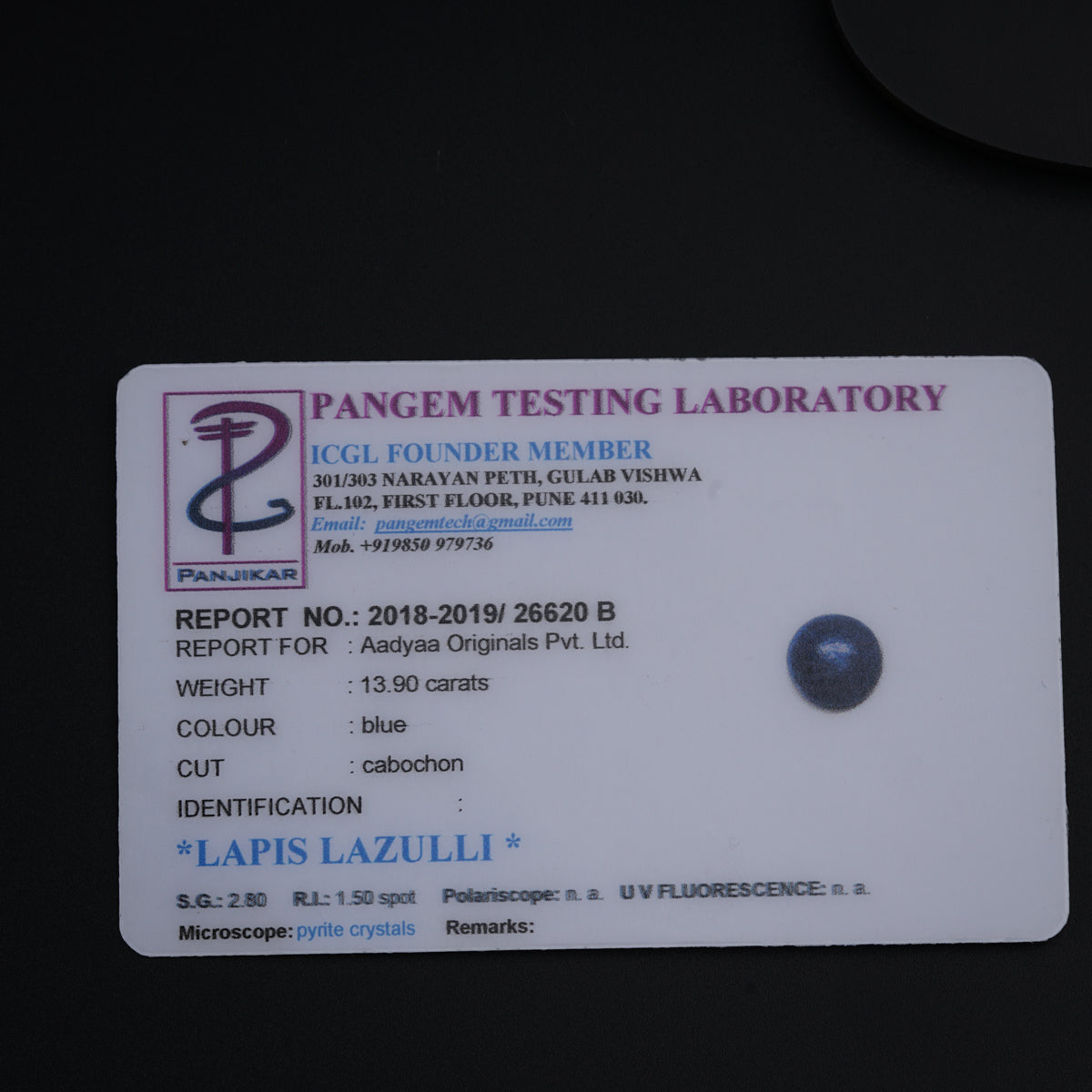 a tag on a table that says pancem testing laboratory
