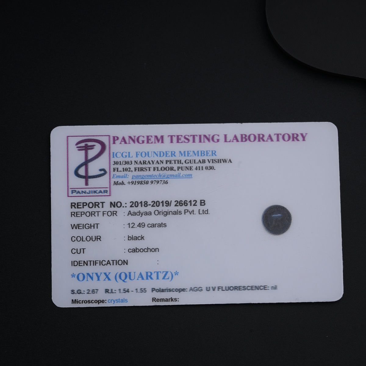 a tag on a table that says pancem testing laboratory
