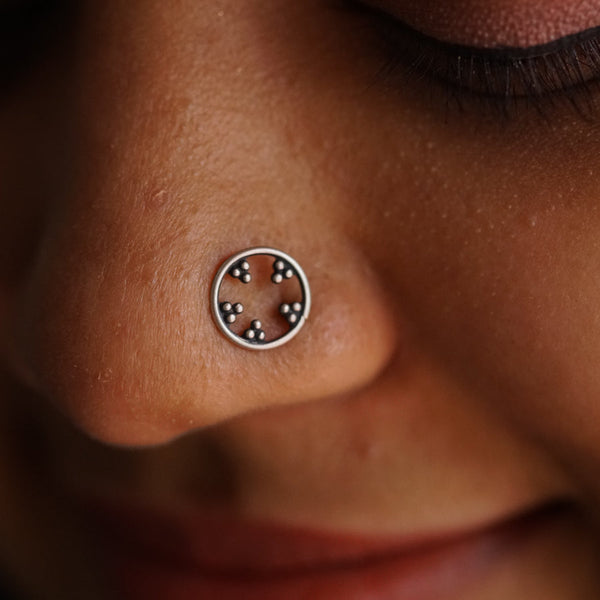 a close up of a person with a nose piercing