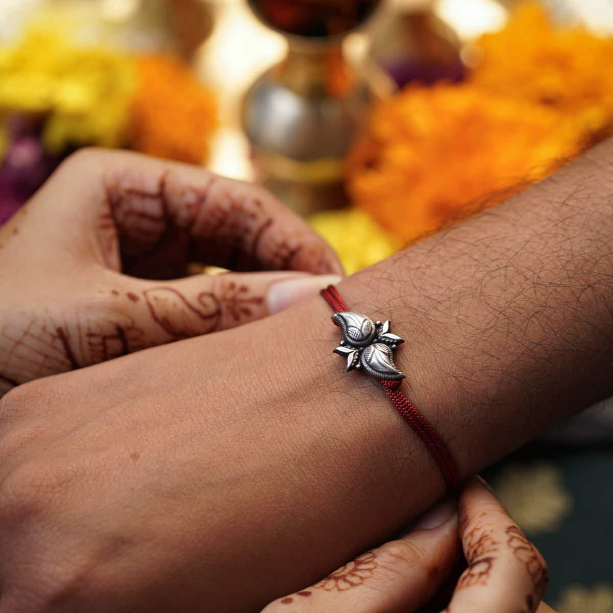 Handcrafted Silver Rakhi/Pendant: Koyari with Petals