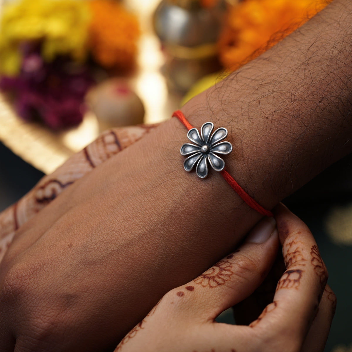 Handcrafted Silver Flower Rakhi