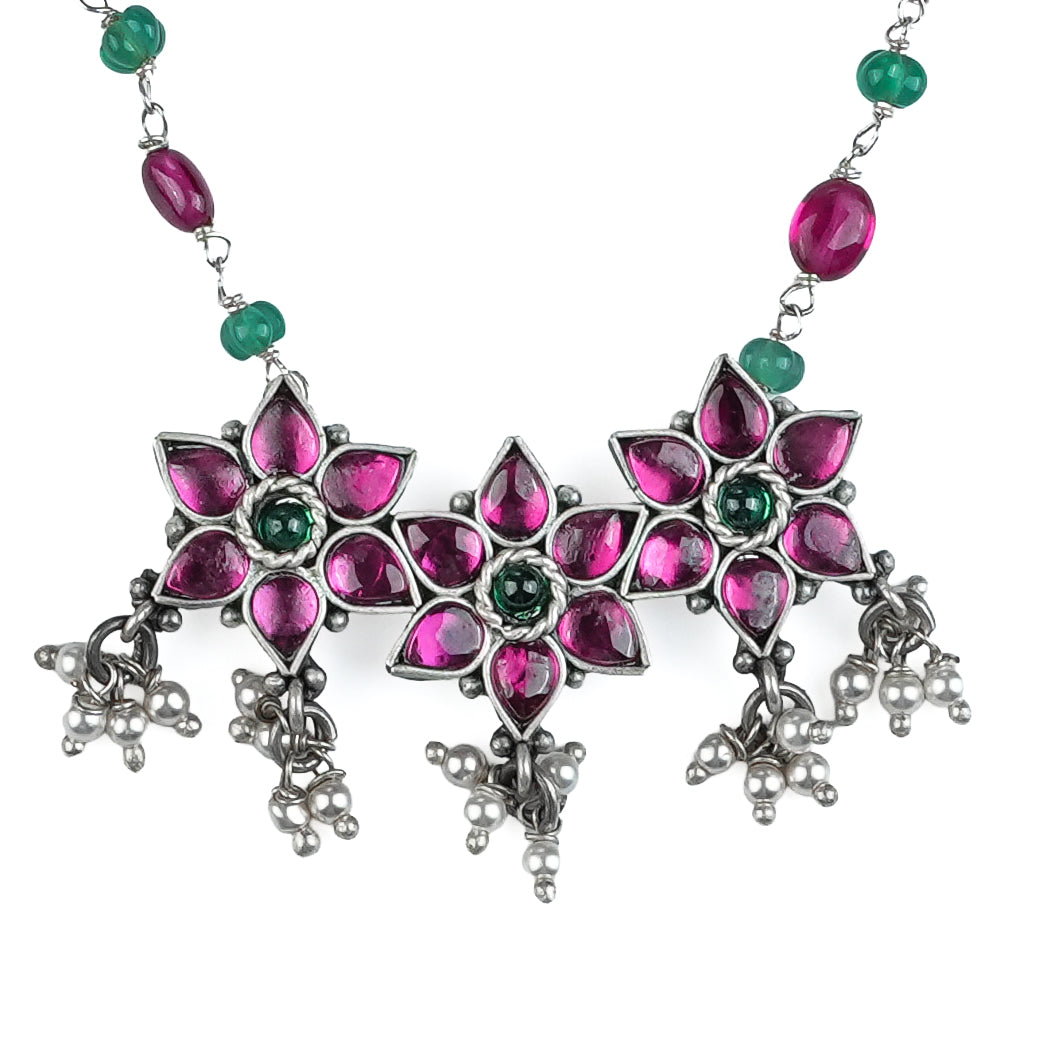 Silver Bageecha Flower Set with Rubies & Green Onyx