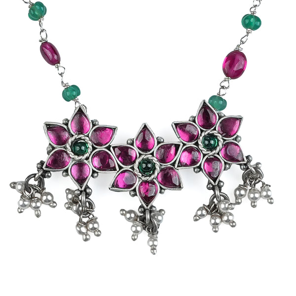 Silver Bageecha Flower Set with Rubies & Green Onyx
