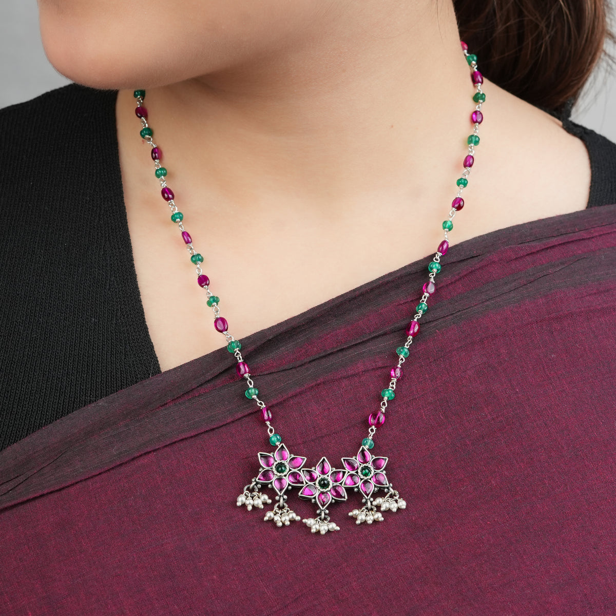 Silver Bageecha Flower Set with Rubies & Green Onyx