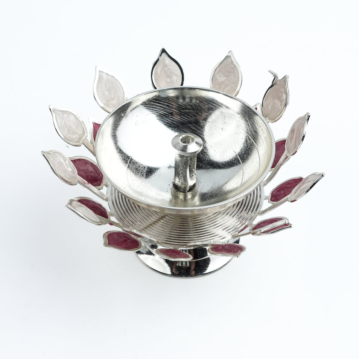 Silver Plated Diya with Pink & Beige Enamel
