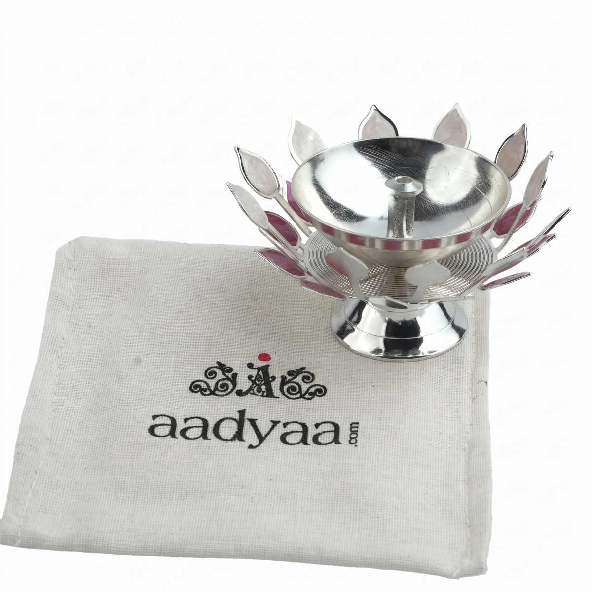 Silver Plated Diya with Pink & Beige Enamel