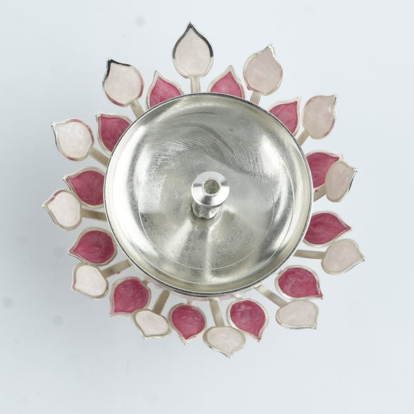 Silver Plated Diya with Pink & Beige Enamel
