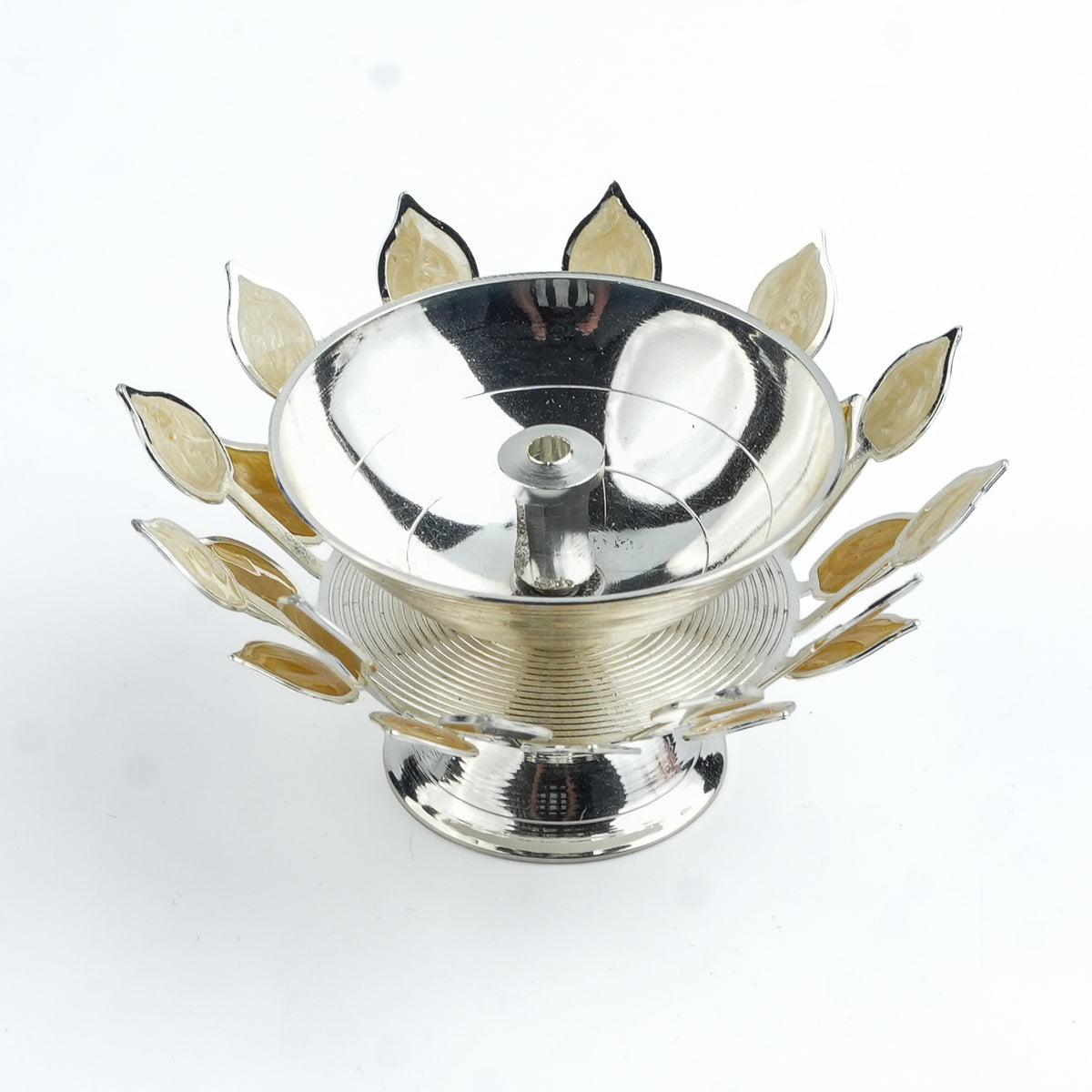 Silver Plated Diya with Yellow & Beige Enamel