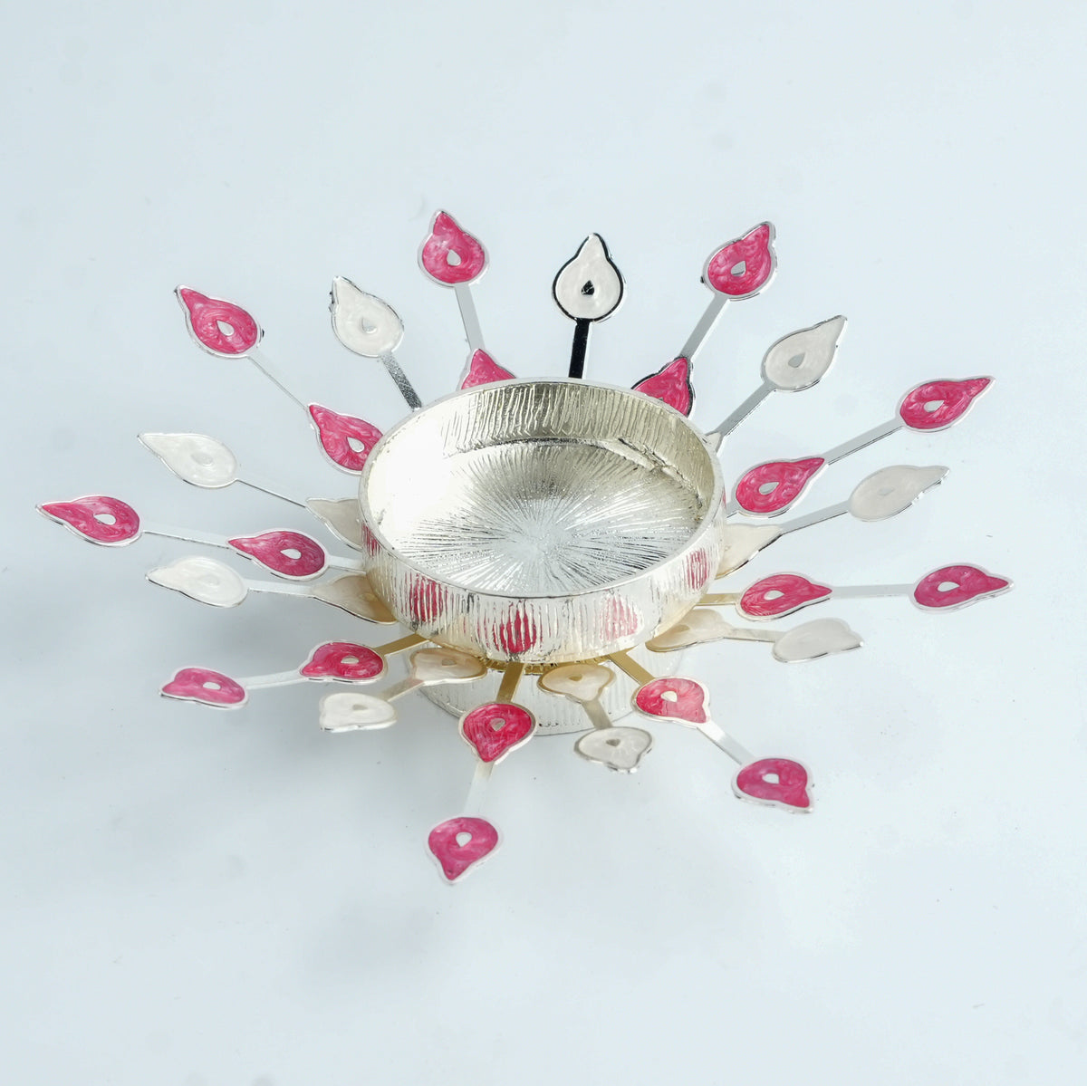 Silver Plated Candle Diya with Pink & Beige Enamel