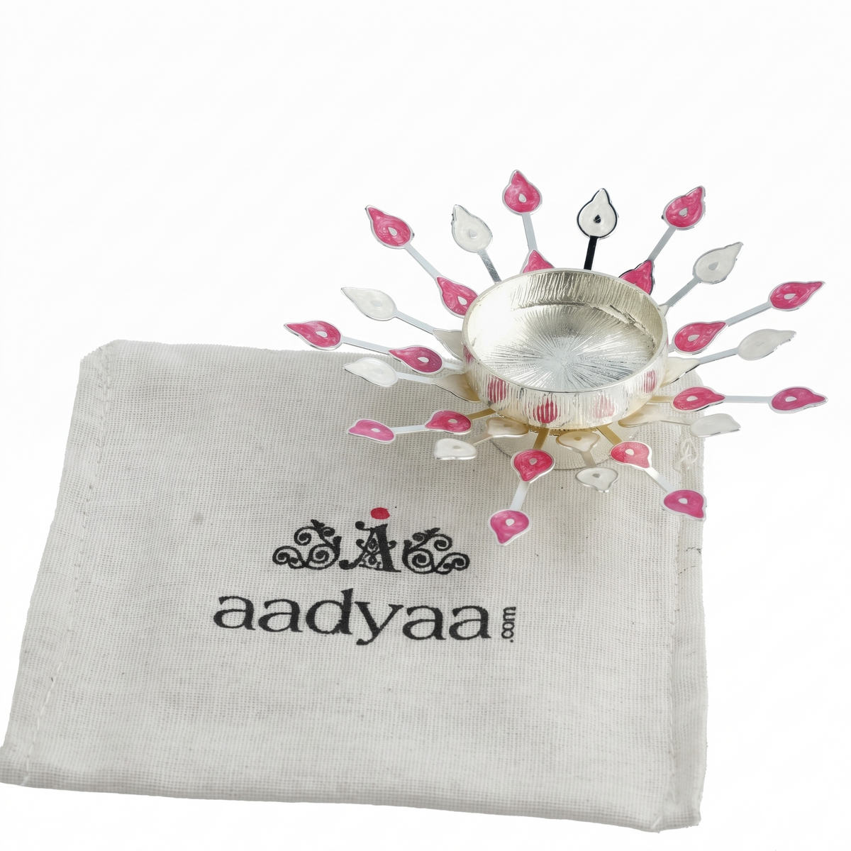 Silver Plated Candle Diya with Pink & Beige Enamel