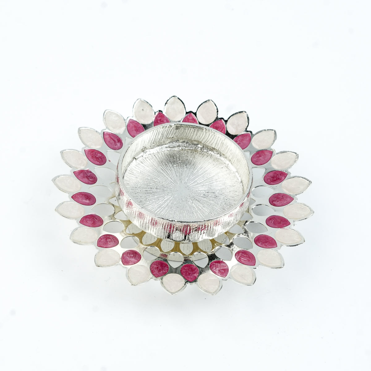 Silver Plated Candle Diya with Pink & Beige Enamel