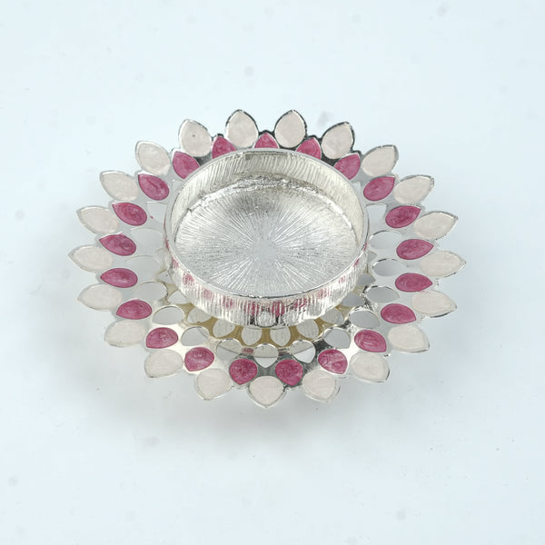 Silver Plated Candle Diya with Pink & Beige Enamel