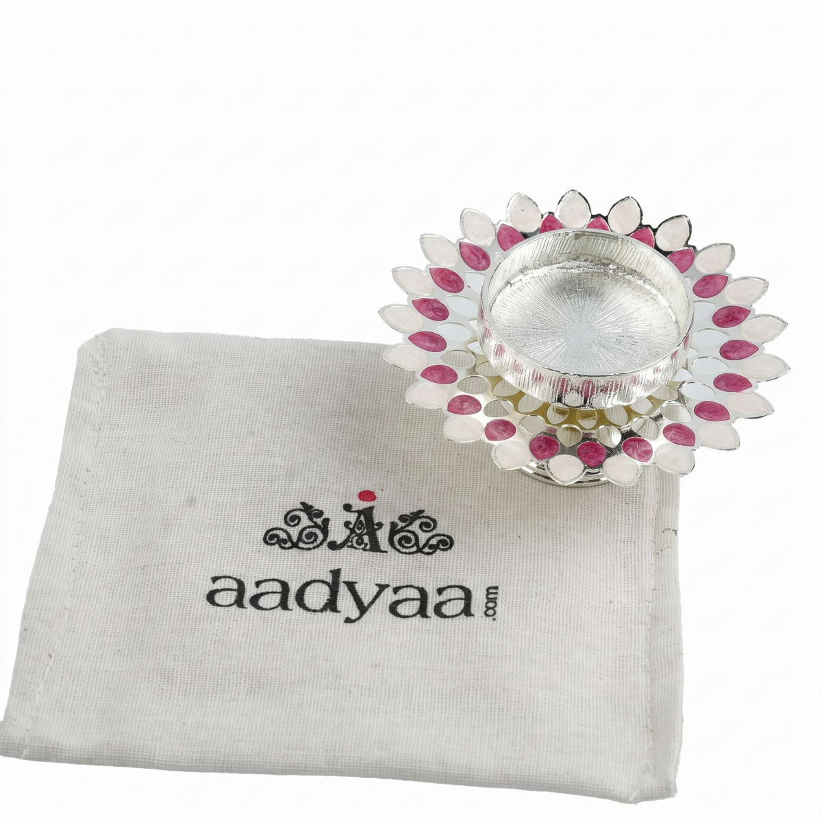 Silver Plated Candle Diya with Pink & Beige Enamel